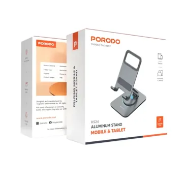 Porodo Adjustable Folding Aluminum Alloy with Silicone Pad and Carbon Steel Phone Holder – Grey