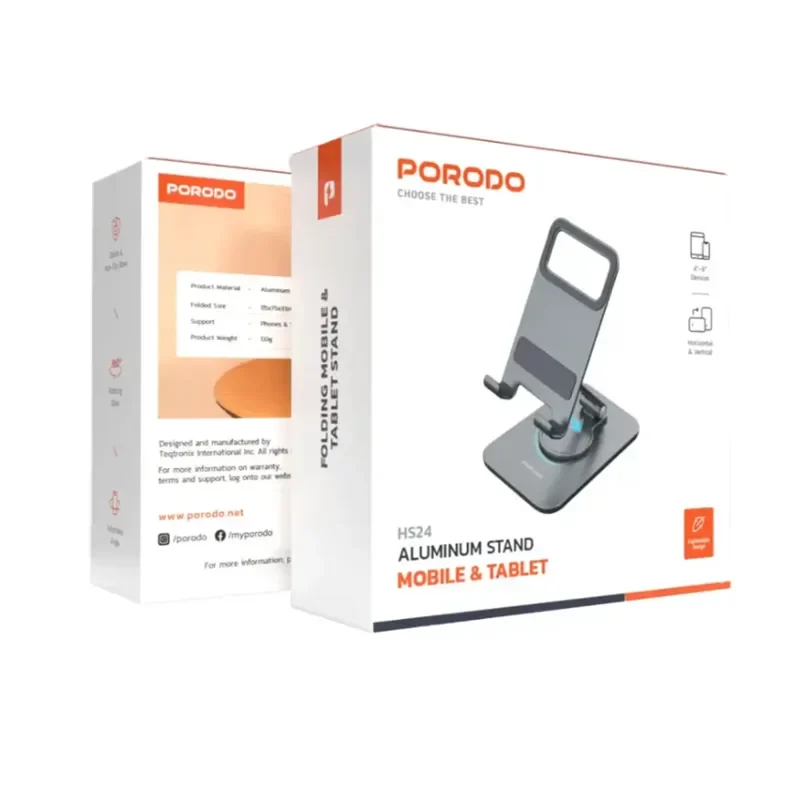 Porodo Adjustable Folding Aluminum Alloy with Silicone Pad and Carbon Steel Phone Holder – Grey