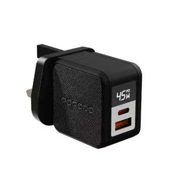 Porodo Quantum GaN 45W A+C UK GaN Charger with Digital Screen – Black