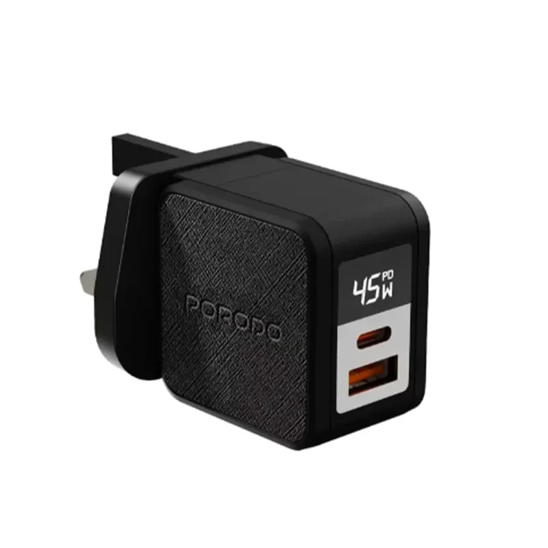 Porodo Quantum GaN 45W A+C UK GaN Charger with Digital Screen – Black