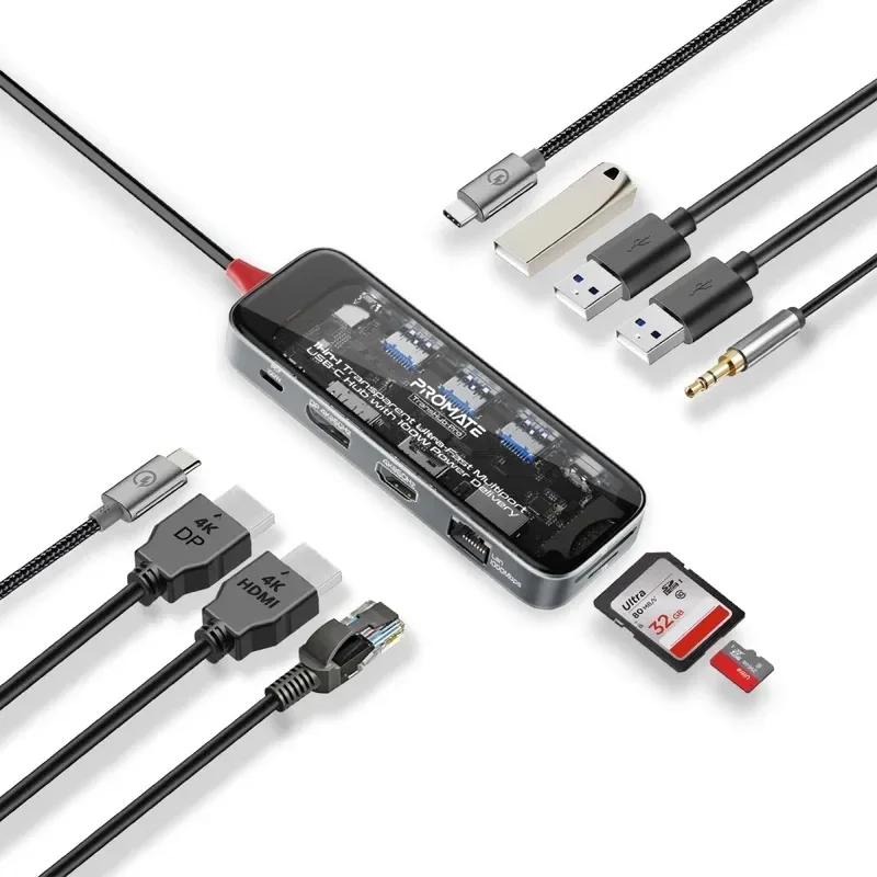 Promate 11-in-1 Transparent USB-C Hub with 100W PD Passthrough Port, HDMI, Display Port, RJ4