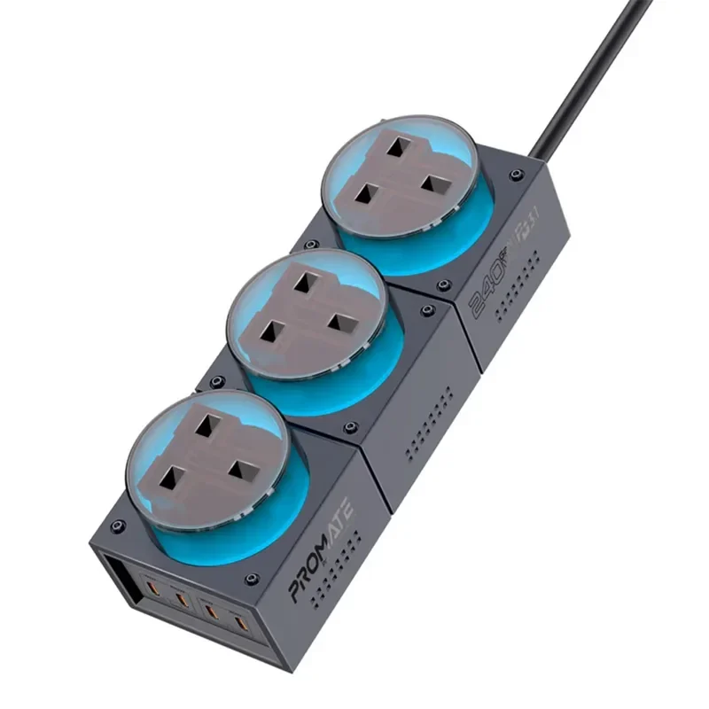 Promate 240W GaNFast Multi-Port RGB Desktop Charging Station with Triple AC Sockets