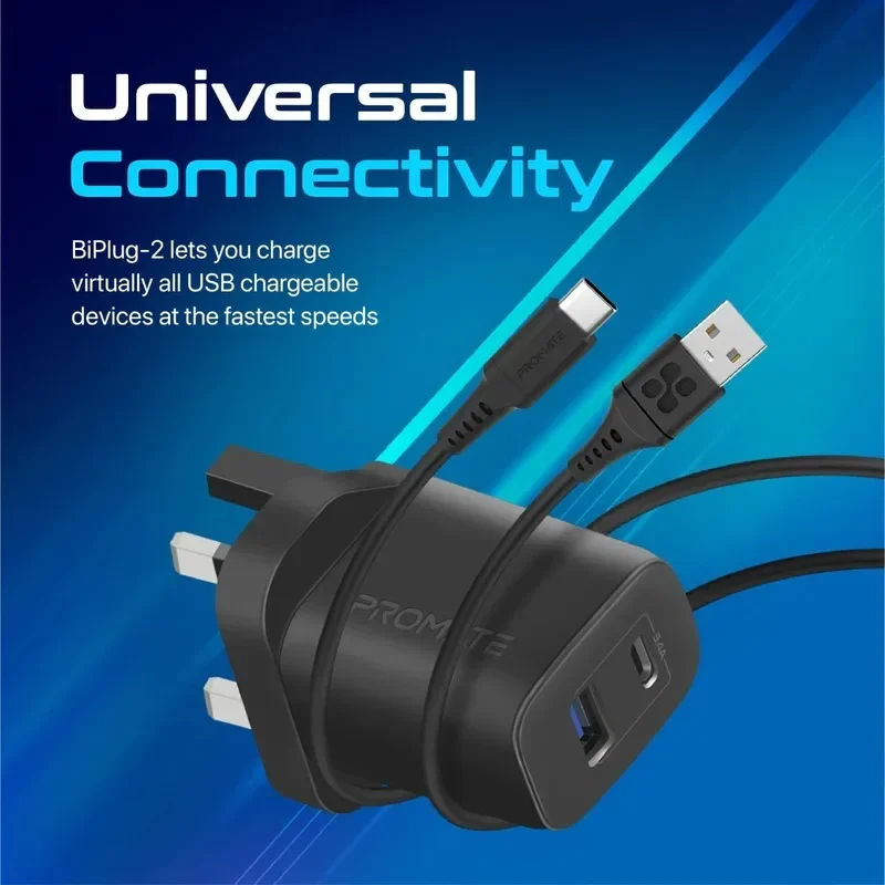 Promate 15.5W Wall Charger with USB-C & USB-A Ports