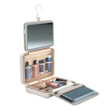 Porodo Travel Makeup Case with Detachable LED Mirror & Hanging Hook – Beige