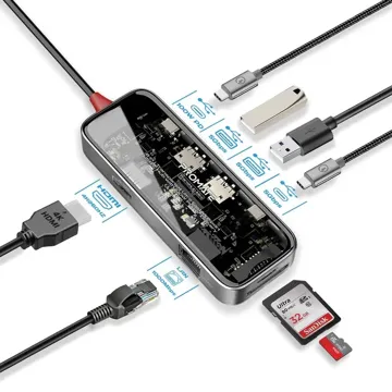 Promate 8-in-1 Transparent USB-C Hub with 100W PD Passthrough Port, 4K@60Hz HDMI, RJ45 Port, 2*USB