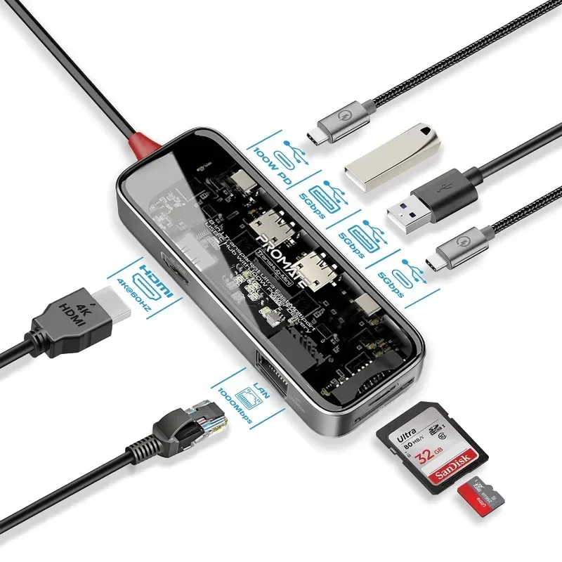Promate 8-in-1 Transparent USB-C Hub with 100W PD Passthrough Port, 4K@60Hz HDMI, RJ45 Port, 2*USB