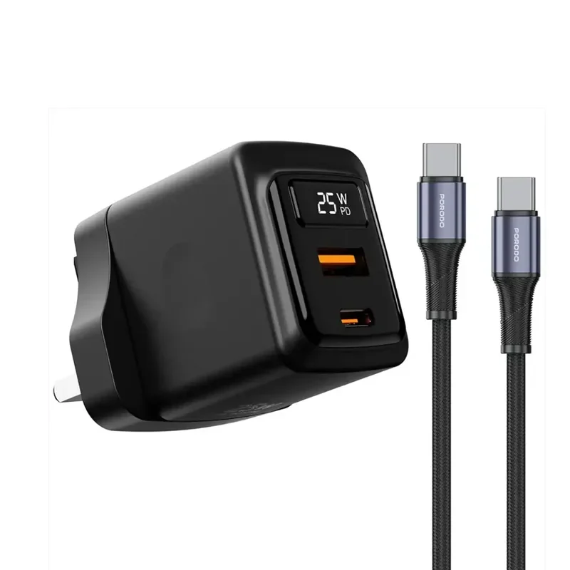 Porodo GaN 25W Dual USB-C Wall Charger – Black