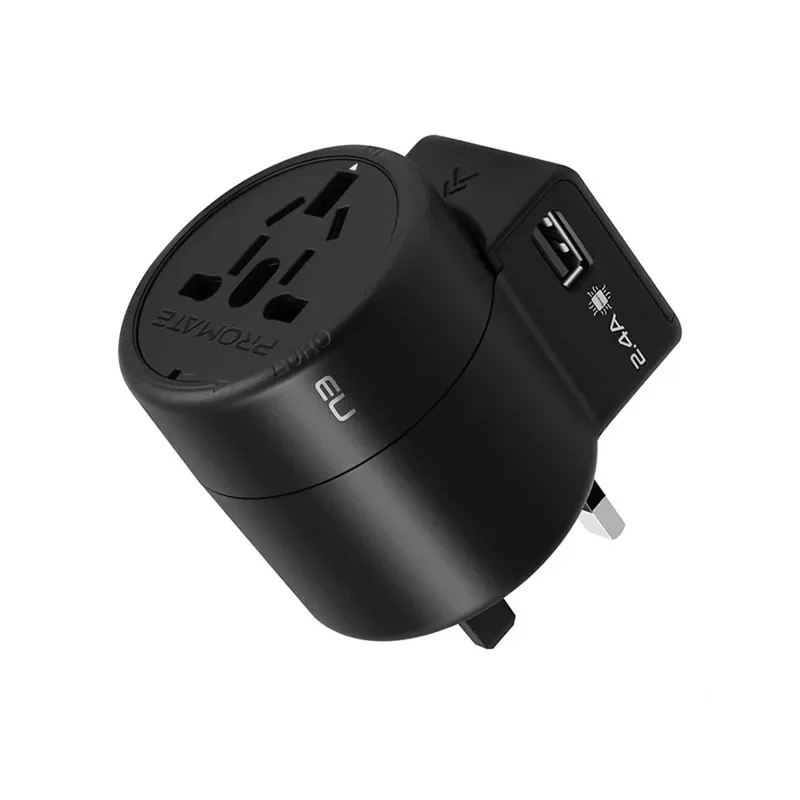 Promate Multi-Plug Twist Style Travel Adapter with AC Socket and Dual USB Ports