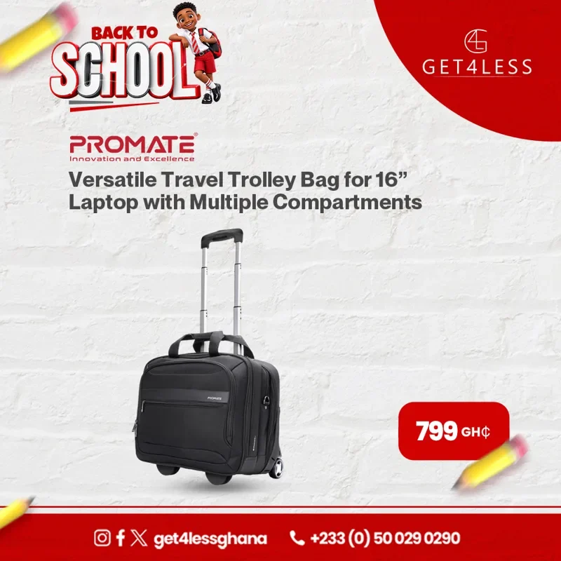 Promate High Volume Trolley Laptop bag supports 16″ Laptops