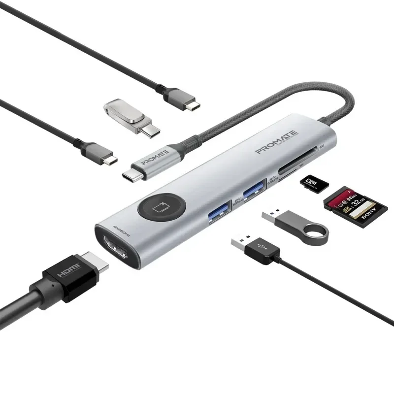 Promate 8 Port USB-C Hub HDMI Display off Button & 100W PD