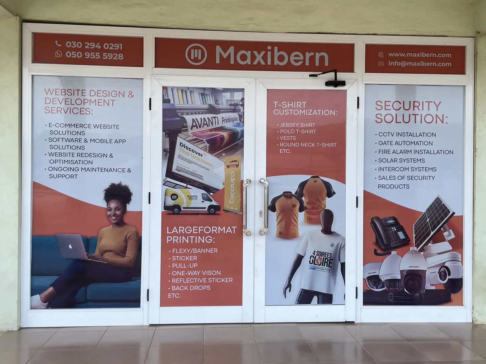 Maxibern office entrance showing its services and contact details
