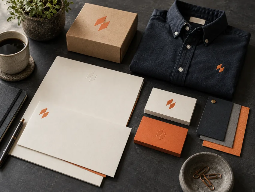 Illustrative coordinated stationery, packaging and branded clothing