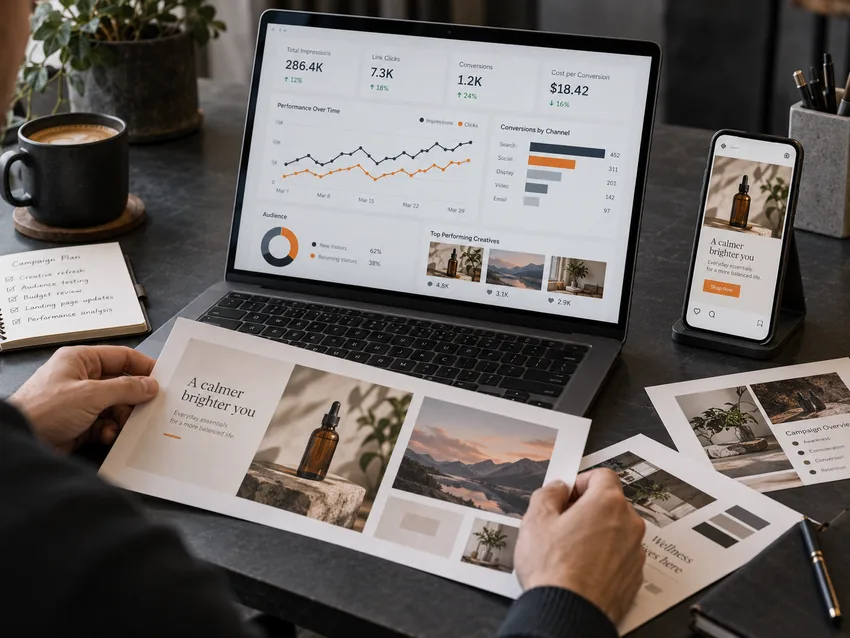 Illustrative digital campaign planning and analytics workspace