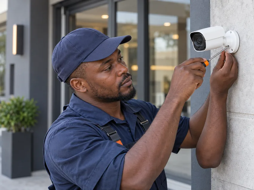 Illustrative technician installing a security camera