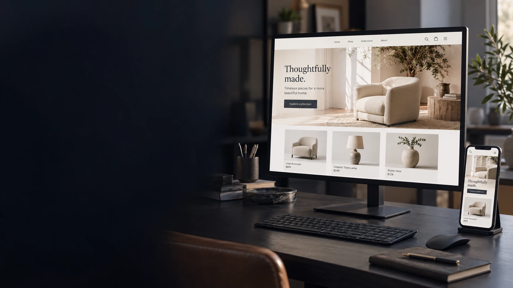Website interfaces displayed across desktop and mobile devices