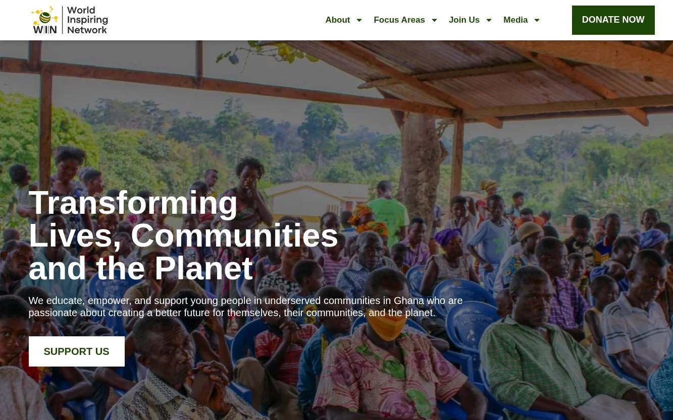 World Inspiring Network homepage with its community outreach hero